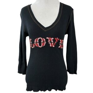 Vintage Y2K 90s Rock Solid Embroidered Embellished V Neck Thermal Tee Medium